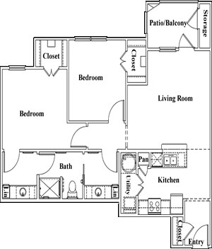 B1 -Two Bedroom / One Bath - 1,000 Sq. Ft.*